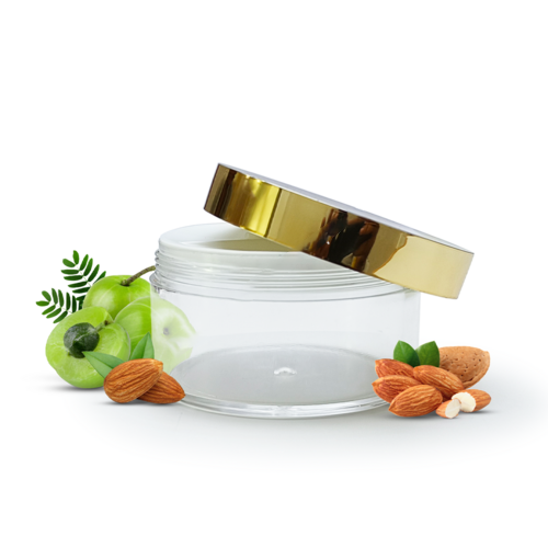 200gm Acrylic Transparent Jar With Gold Cap - 200ml San Material, Transparent With Gold, Silver, Black, White Cap | Eco-friendly, Nontoxic, Round Shape, Inner Plug Jar