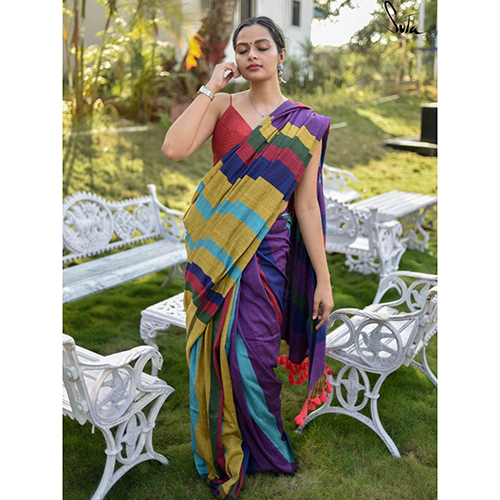 Pure Khadi Cotton Body Check Handloom Saree With BP