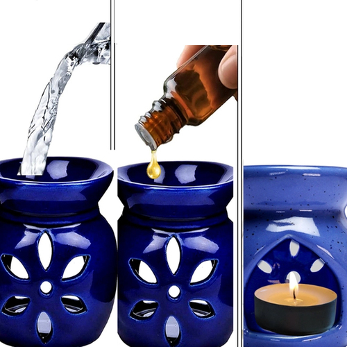 Blue Painted Exquisite Look Ceramic Oil Burner With Aroma Oil and Tea Light Candle