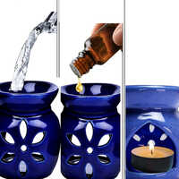 Ceramic Oil Burner With Aroma Oil And Tea Light Candle - Ceramic Material, Painted Blue Design | Warranty Included, Elegant Home Decor
