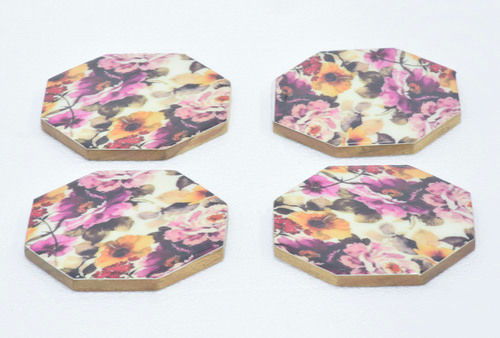 Set Of 4 Wooden Coaster With Multicolor Enamel Enamel