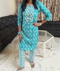 Jaipuri Printed Kurti Pant Set Sky - Cotton Fabric, Sizes M/38, L/40, Xl/42, Xxl/44, Length 40 Inches | 3-4th Sleeve, Printed Design, Washable, Summer Wear, Laces Detail