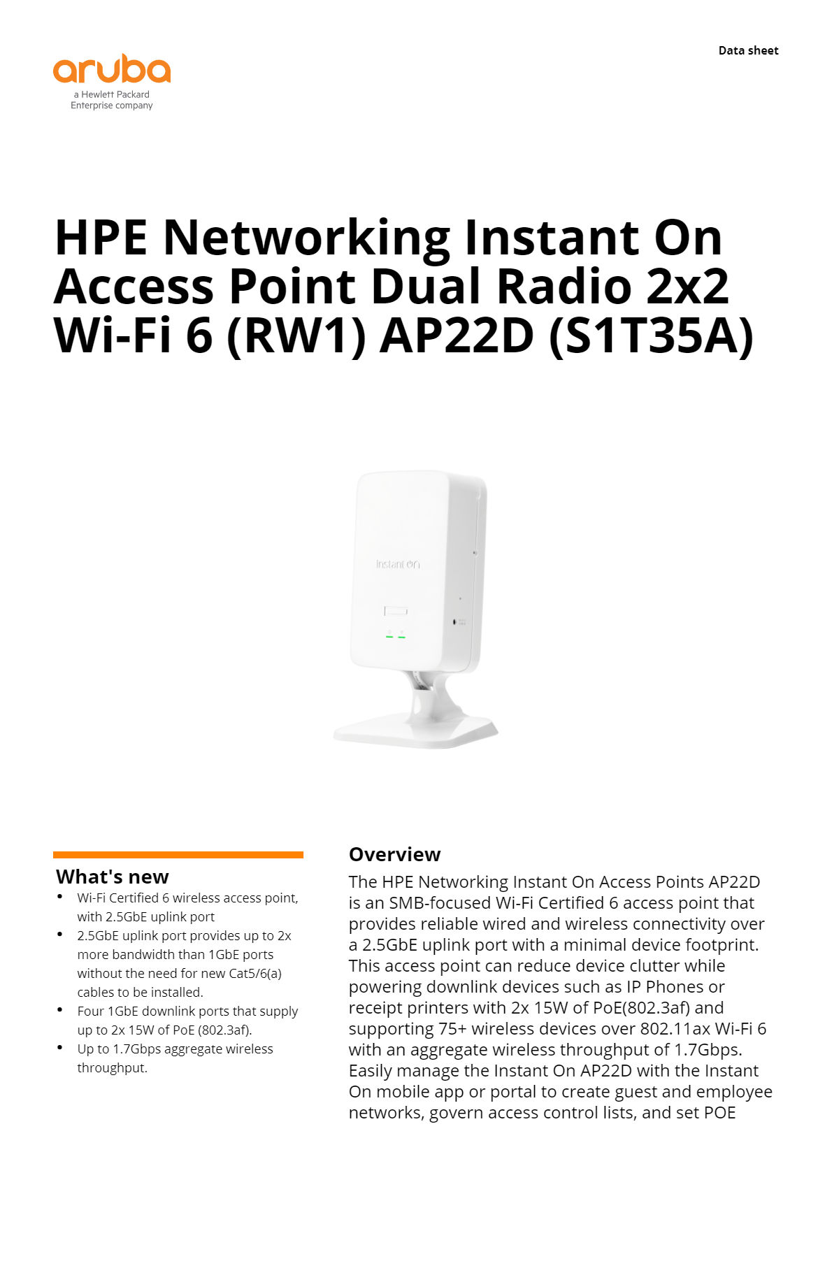 S1T35A Aruba Instant On AP22D (RW1) 2x2 Wi Fi 6 Desk/Wall Access Point