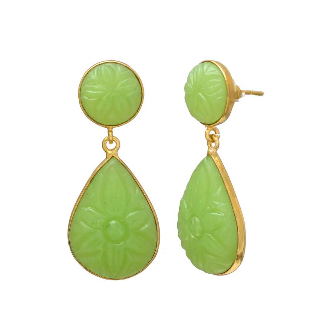 Gold Pated Drop Green Peridot Gemstone Earrings