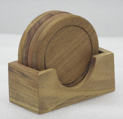 Wooden Round Set of 4 Coasters With Wood Stand