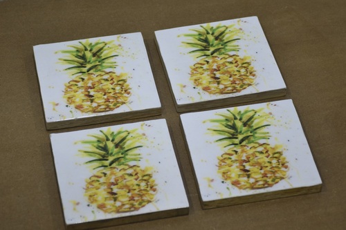 Set of 4 Wooden Square Coasters Pineapple With Enamel