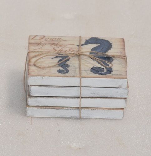 Set Of 4 Wooden Coasters With White Wash