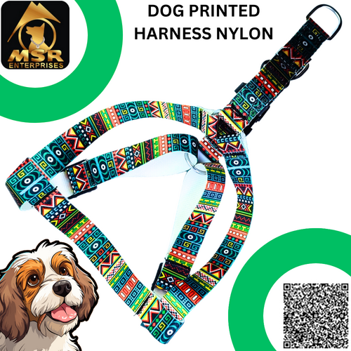 Dog Printed Body Belt Harness (PP/Nylon) - 1.25 Inch Size, Multi-Color Design | High Quality Nylon Material for Superior Durability