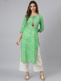 Women Printed Cotton Fabric Kurti - Size S To Xxl, Green Color, 3-4th Sleeve Style | Quick Dry, Washable, Waterproof, Ideal For Rainy And Spring Seasons