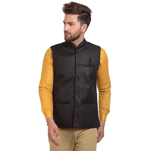 Mens Jute Black Sleeveless Nehru Jacket