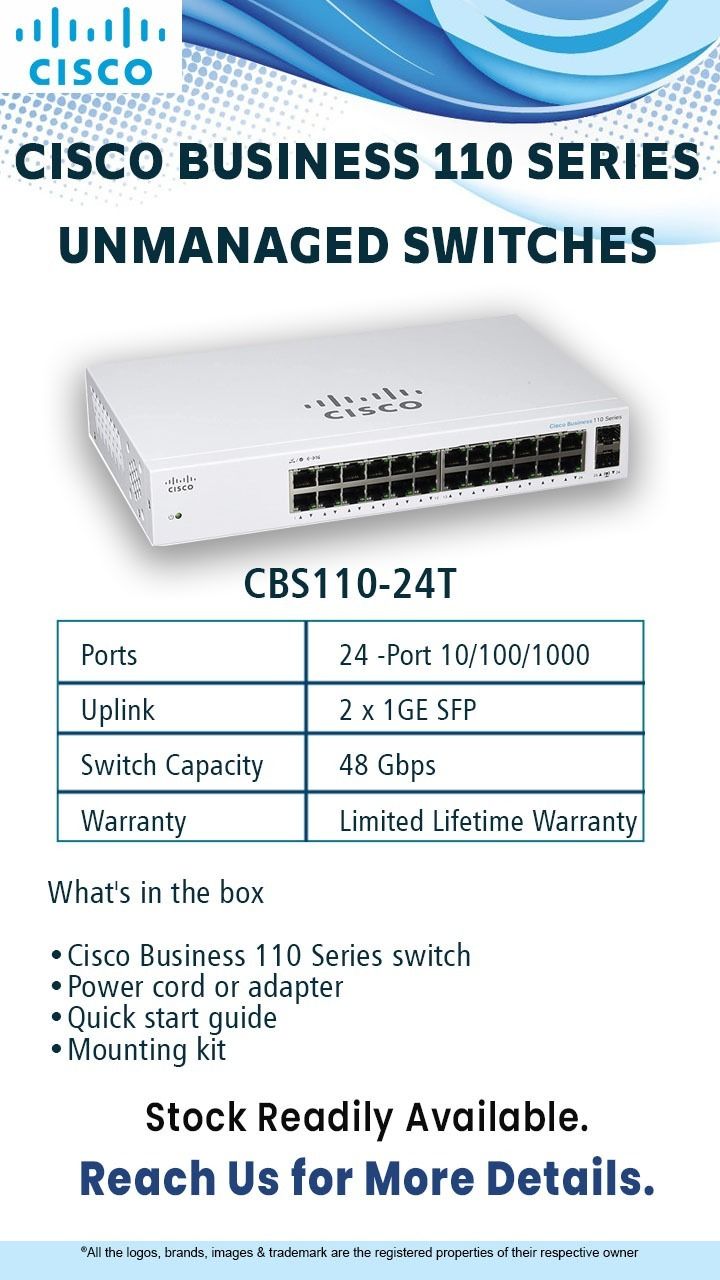 CBS110-24T-IN  Cisco CBS110 Unmanaged 24-port GE, 2x1G SFP Shared