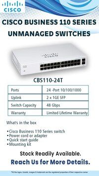 CBS110-24T-IN  Cisco CBS110 Unmanaged 24-port GE, 2x1G SFP Shared