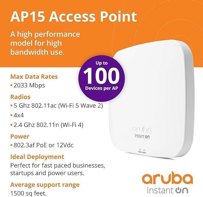 R2X06A Aruba Instant On AP15 (RW) 4x4 11ac Wave2 Indoor Access Point