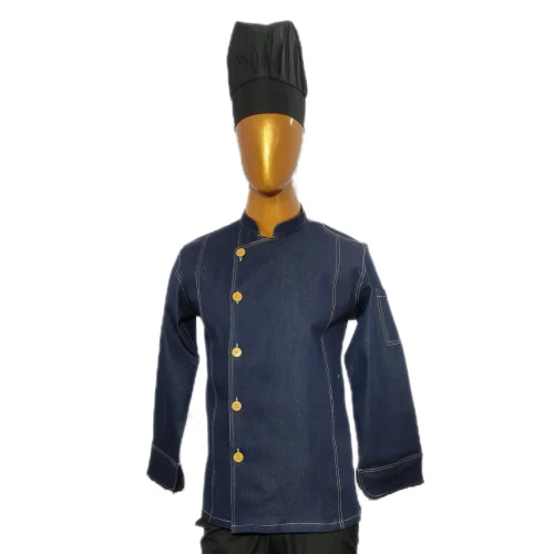 Denim chef coat with black cap