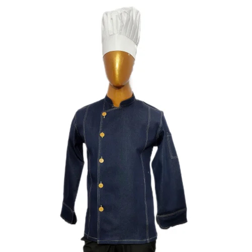 Denim blue chef coat with white cap
