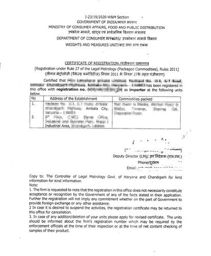 Lmpc Certificate For Import (Legal Metrology Packaged Commodities)