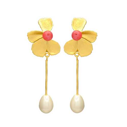 Drop and Dangle Flower Gold Plated Earring with Pearl