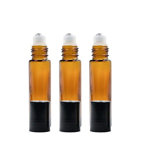 Amber Glass Roll On Bottle With Steel Roller And Black Cap