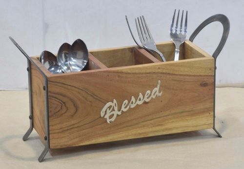 Decorative Wooden Cutlery Holder With Metal Handle