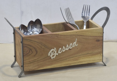 Decorative Wooden Cutlery Holder With Metal Handle
