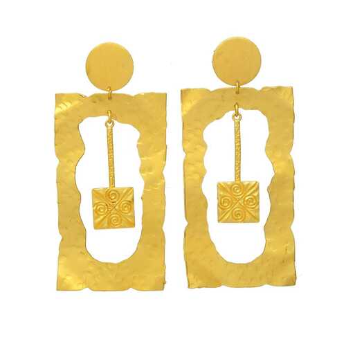 Gold Plated long square and hammered earring set