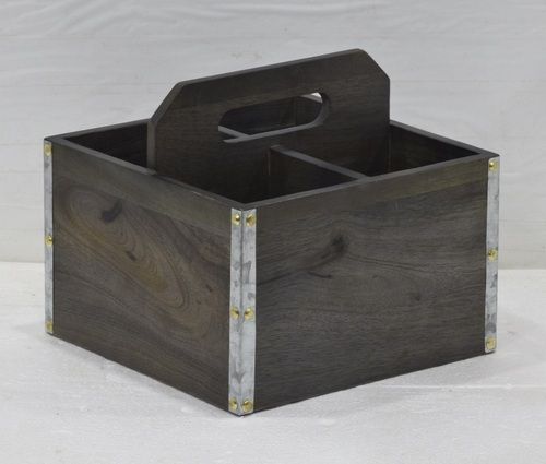 Wooden Square Cutlery Holder With Metal Strip