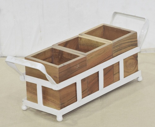 15 Inch Wooden Cutlery Holder With White Coated Handle