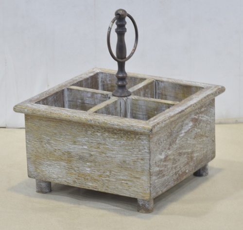 8 Inch Square Wooden Cutlery Box With White Wash