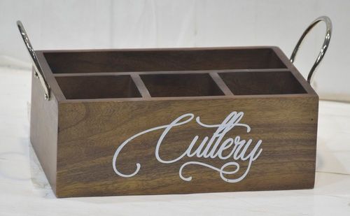 13 Inch Wooden Cutlery Tray With Metal Silver Finish