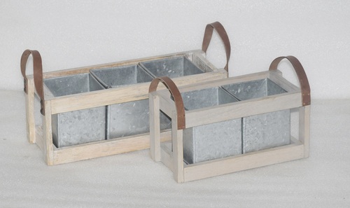 13 Inch Rectangular Set of 2 Cutlery Tray With Leather Handle