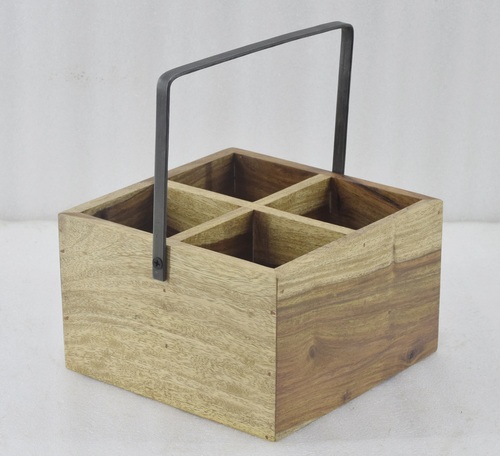 8 Inch Square Wooden Cutlery Holder With Metal Handle