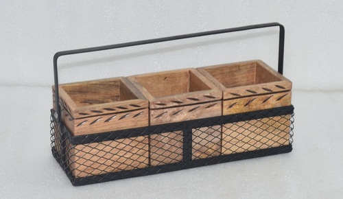 13 Inch Wooden Decorative Cutlery Holder With Metal Handle
