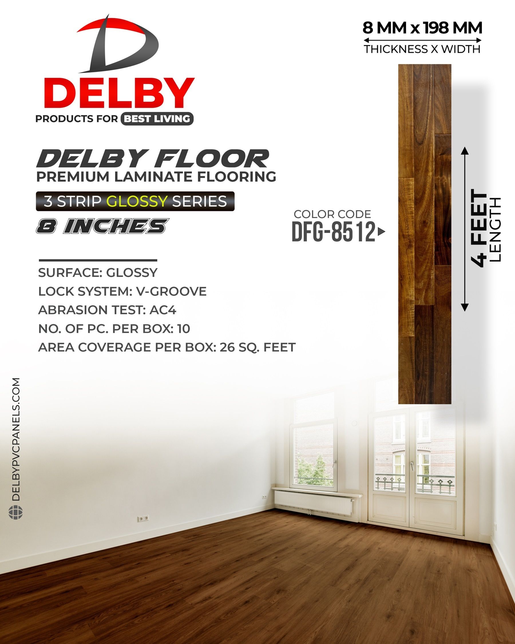 Delby Floor 3-Strip Glossy Wooden Flooring 8Inch Planks - Elegance Redefined for Your Space