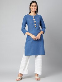 Women Solid Cotton Blend Straight Kurta - Plus Size, Embroidered Blue Design | Quick Dry, Waterproof, Trendy 3-4th Sleeve For All Seasons