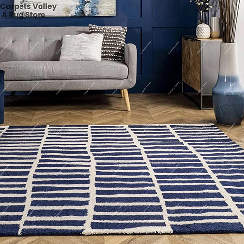 Irregular Parallel Bars Blue Loop Pile Rug