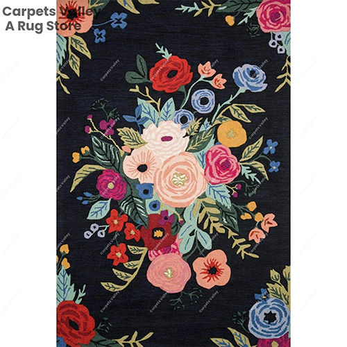 Multicolor Floral Black Foor Loop Rug