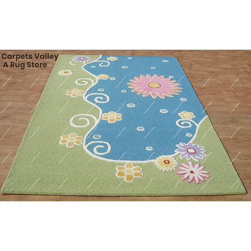 Floral Kids Blue Loop And Cut Pile Rug