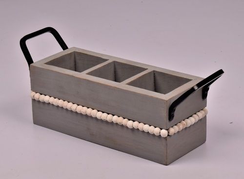 Wooden Rectangular Cutlery Holder With Beads Pedestal