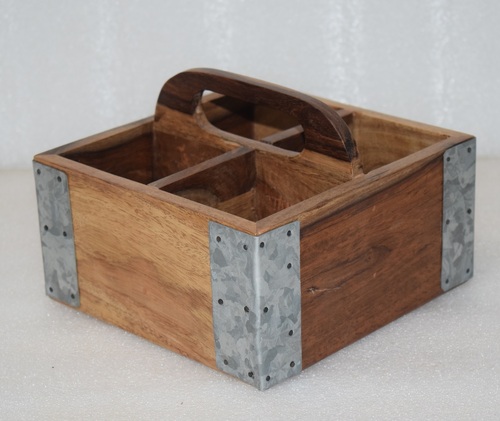 Wooden Square Cutlery Holder With Metal Strip - Color: Brown