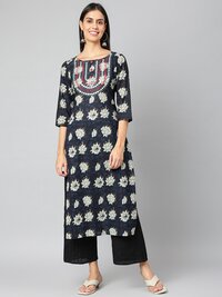 Women Straight Kurta - Cotton, M/l/xl/xxl Sizes, Blue Color | Ethnic Style, Quick Dry, Embroidered Pattern, 3-4th Sleeves