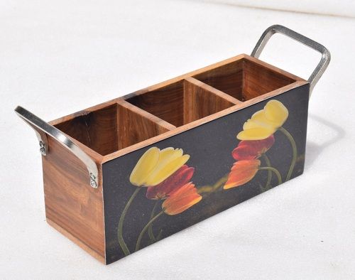 Wooden Printed Cutlery Holder With 3 Partition