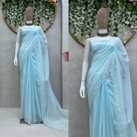Hand Work Sarees - Tissue Fabric, Sky Blue Color | Party Wear Elegance With Intricate Design