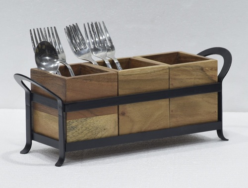 14 Inch Wooden Cutlery Holder With Metal Stand - Color: Different