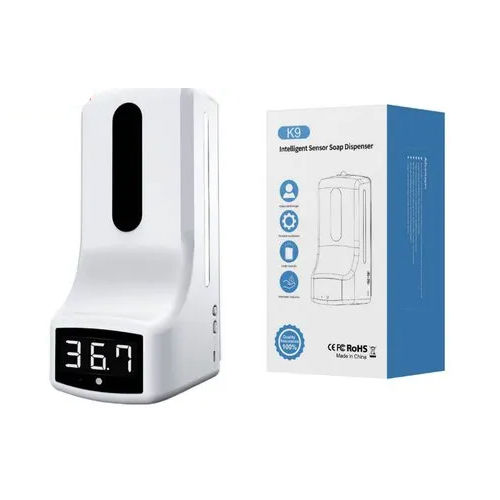 White Automatic Wall Mounted Sanitizer Dispenser Cum Body Temperature Thermometer