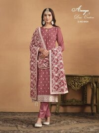 Churidar Suits - Faux Georgette, Available in 4 Color Options, Full Sleeves, Embroidered Design with Santool Dupatta