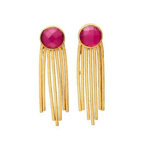 Gold Plated Long earring with Natural Pink Agate Stone