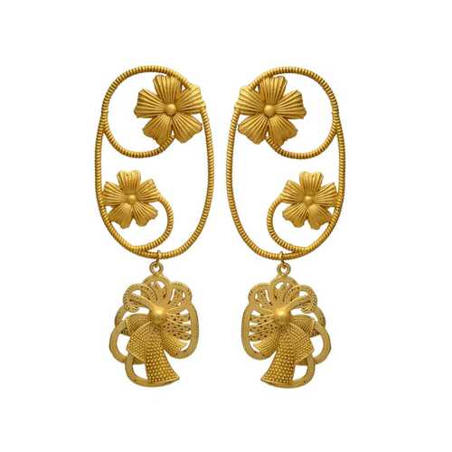 Hanging Golden Hand Crafted Flower Design Brass Earrings