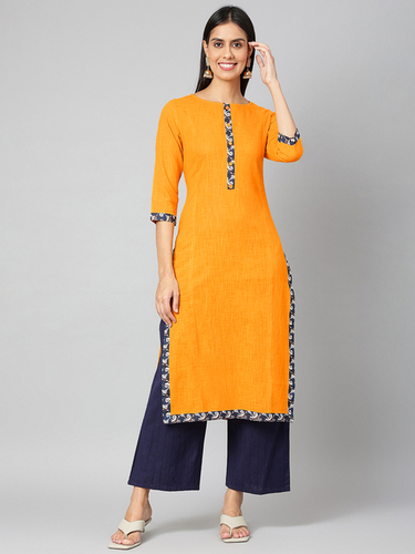 Cotton Blend Straight Kurta - M, L, S, XL, XXL Sizes | Yellow Color, 3-4th Sleeves, Quick Dry, Washable, Embroidered Pattern