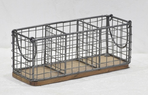 10 Inch Metal Rectangular Cutlery Holder With Wood Base