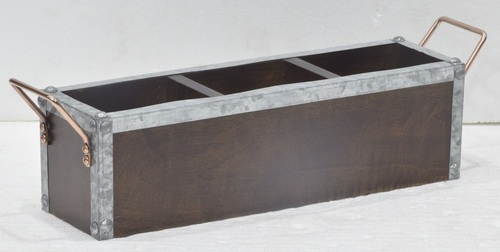16 Inch Rectangular Wooden Cutlery Holder With Metal Handle